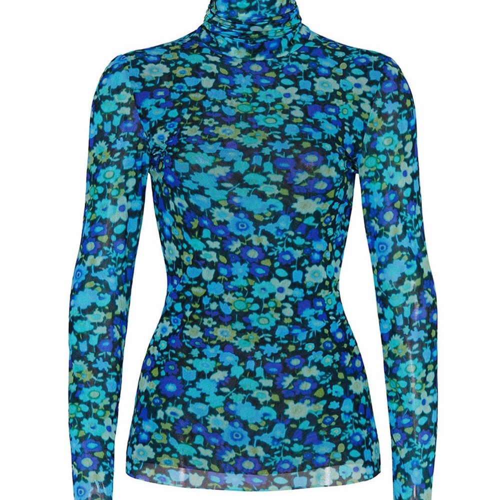 Ganni Blue Floral Long Sleeve Turtleneck